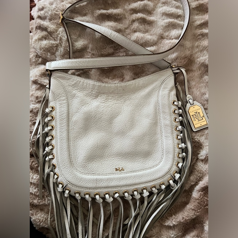Lauren Ralph Lauren Wheeler Fringed Hobo Crossbody 
Bag in Vanilla